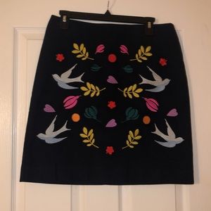 Boden Navy Skirt with Multicolor Floral & Bird Embroidery